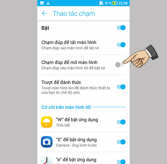Chạm đúp mở màn hình